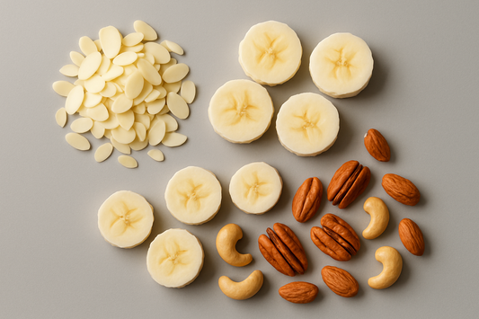 gray background Almond, sliced banana and nuts
