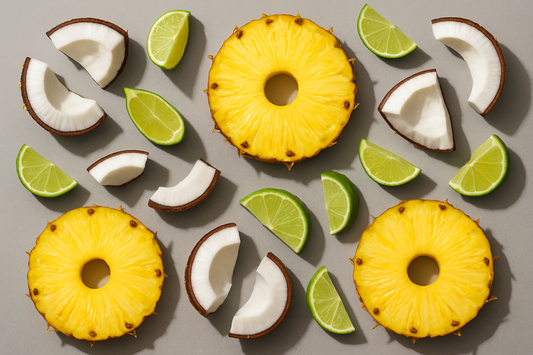 gray background and sliced pina colada fruits