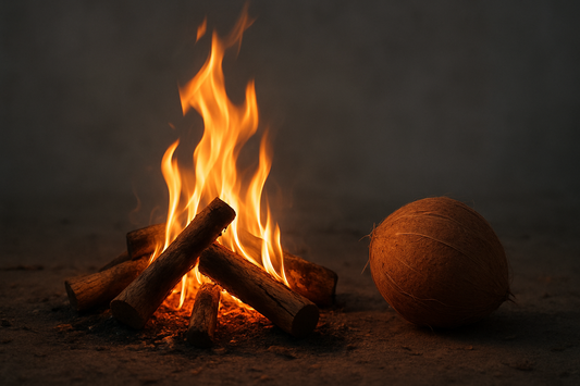 gray background bonfire and coconut 