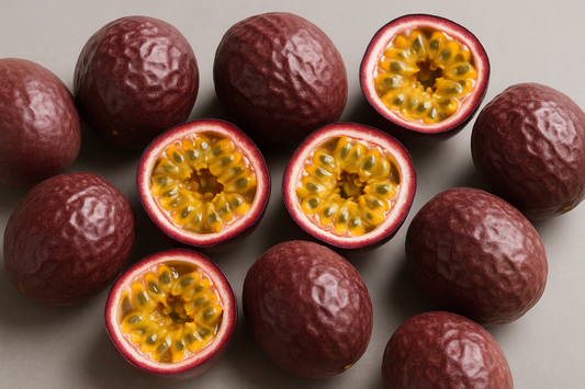 gray background passion fruits