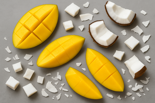 gray background sliced mango and coconut