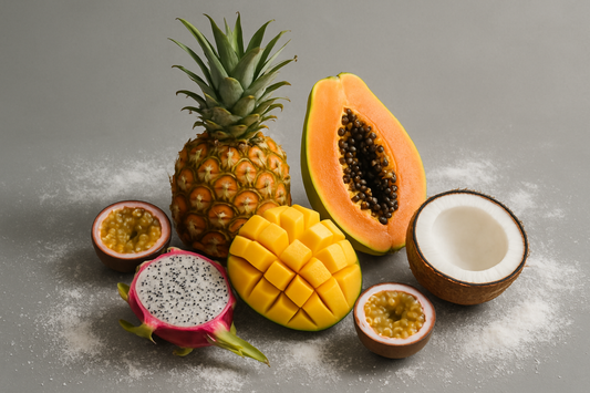 gray background tropical fruits and white powder