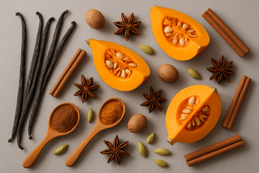 gray background vanilla, pumpkin and spices