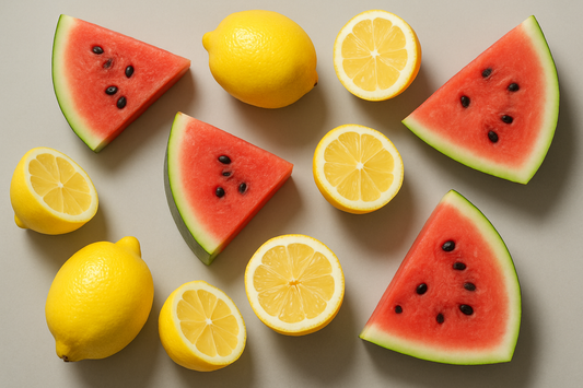 gray background watermelon and lemon